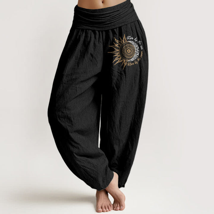 Buddha Stones Pantalones harem de algodón puro con estampado de mandala de sol y luna para mujer con cintura elástica. - Negro - US16，UK/AU20，EU48 (3XL) - image 0