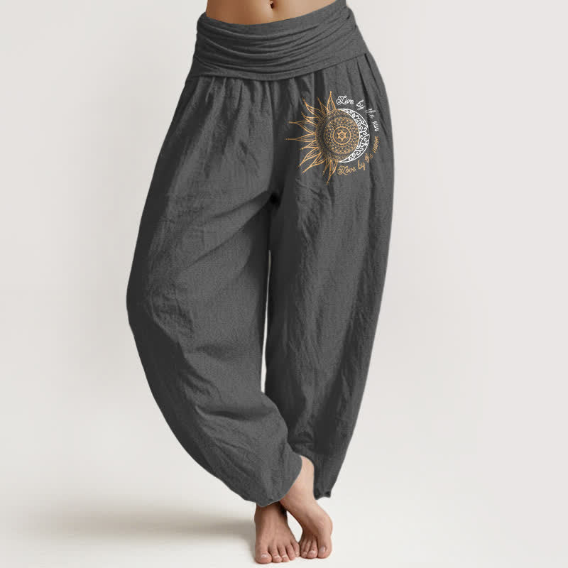 Buddha Stones Pantalones harem de algodón puro con estampado de mandala de sol y luna para mujer con cintura elástica. - Gris oscuro - US16，UK/AU20，EU48 (3XL) - image 8