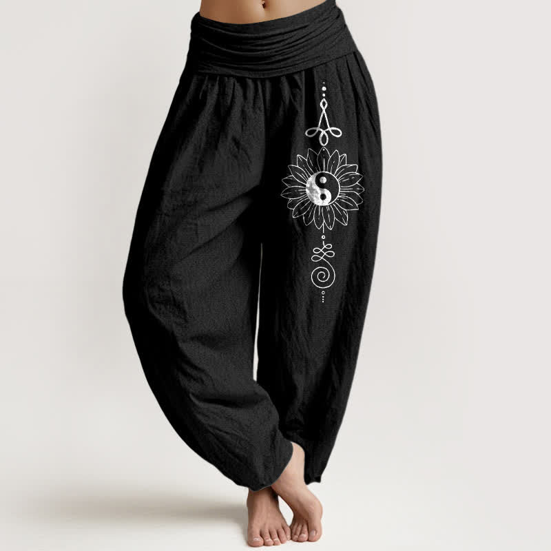 Buddha Stones Pantalones harem de algodón puro con estampado de girasoles y yin yang para mujer con cintura elástica. - Negro - US16，UK/AU20，EU48 (3XL) - image 5