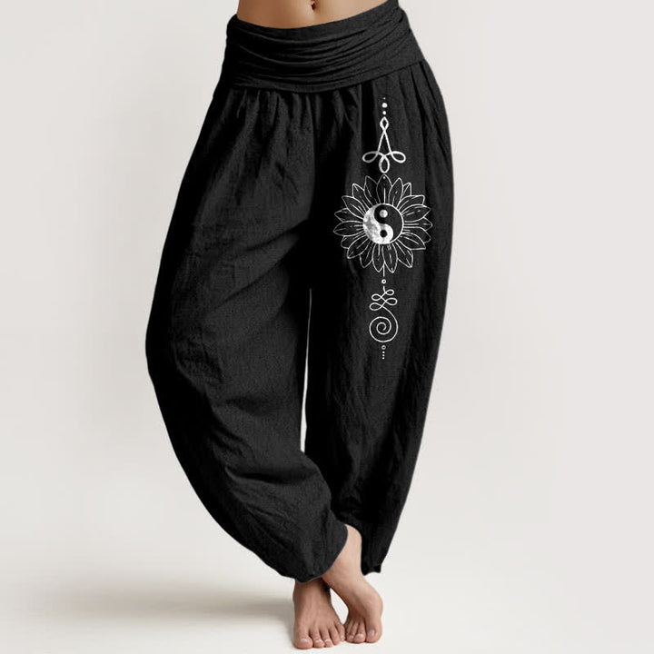 Buddha Stones Pantalones harem de algodón puro con estampado de girasoles y yin yang para mujer con cintura elástica. - Negro - US16，UK/AU20，EU48 (3XL) - image 5