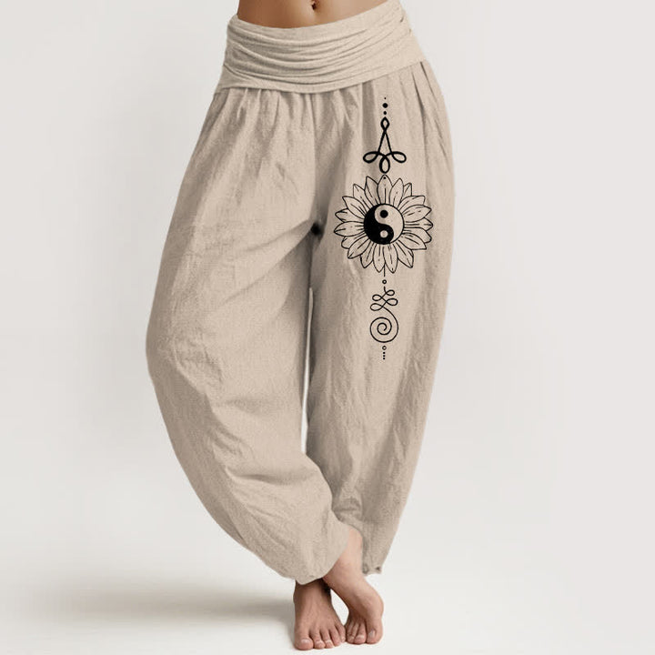 Buddha Stones Pantalones harem de algodón puro con estampado de girasoles y yin yang para mujer con cintura elástica. - Broncearse - US16，UK/AU20，EU48 (3XL) - image 0