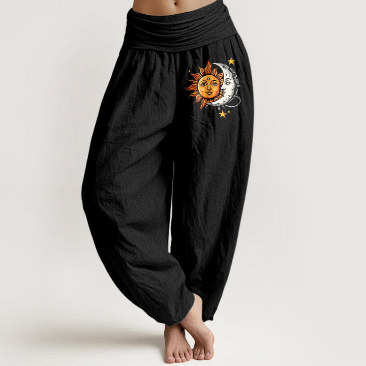 Buddha Stones Pantalones harem de algodón puro con estampado de sol y luna para mujer, cintura elástica. - Negro - US16，UK/AU20，EU48 (3XL) - image 0