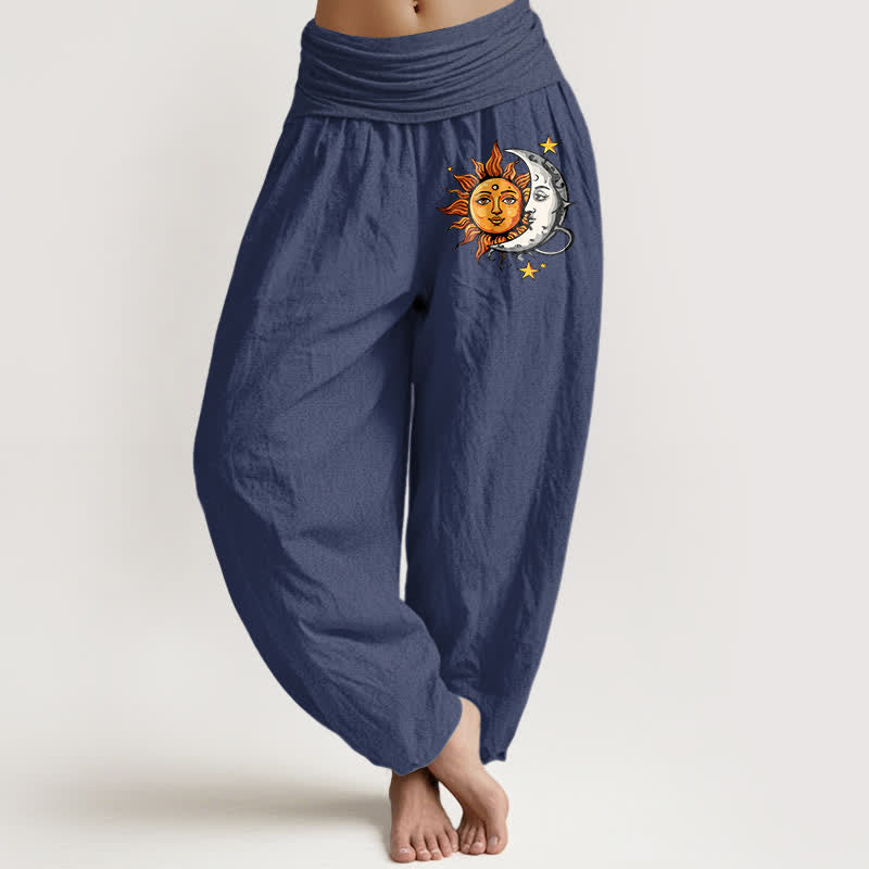 Buddha Stones Pantalones harem de algodón puro con estampado de sol y luna para mujer, cintura elástica. - Azul pizarra oscuro - US16，UK/AU20，EU48 (3XL) - image 5
