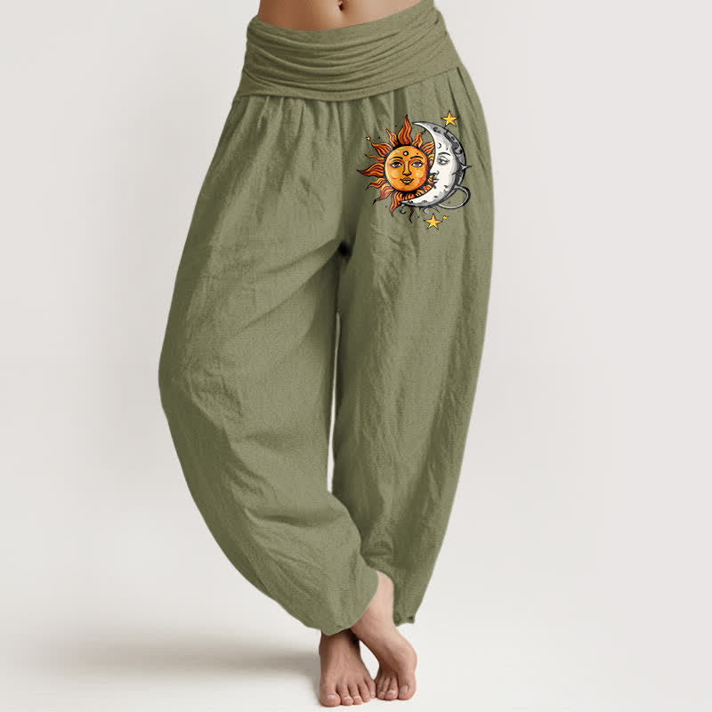 Buddha Stones Pantalones harem de algodón puro con estampado de sol y luna para mujer, cintura elástica. - Verde oliva - US16，UK/AU20，EU48 (3XL) - image 14