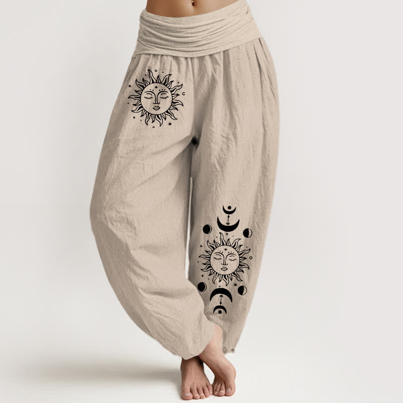 Buddha Stones Pantalones harem de algodón puro con estampado de sol y luna para mujer, cintura elástica. - Broncearse - US16，UK/AU20，EU48 (3XL) - image 11