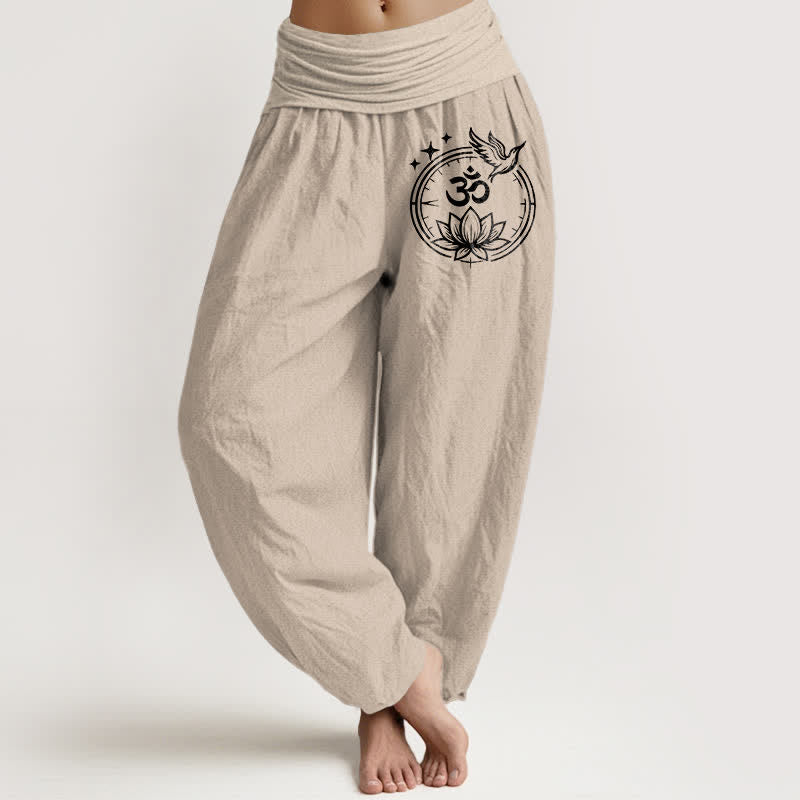 Buddha Stones Pantalones harem de algodón puro con estampado de pájaro loto Om para mujer con cintura elástica. - Broncearse - US16，UK/AU20，EU48 (3XL) - image 11