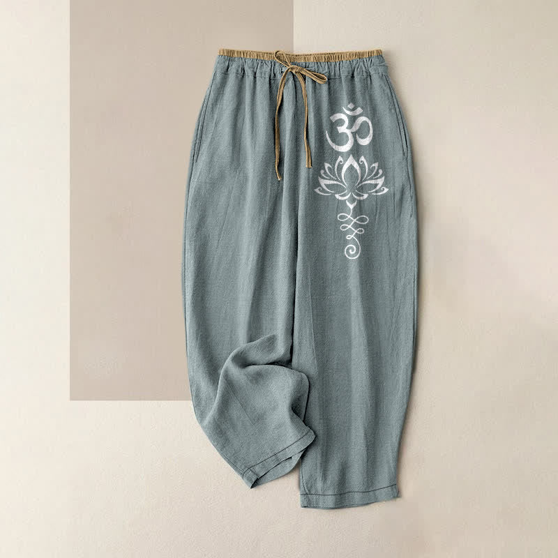 Buddha Stones Pantalones de mujer de algodón puro con estampado Zen Lotus Om, cintura elástica y bolsillos. - Azul claro - US16，UK/AU20，EU48 (3XL) - image 5