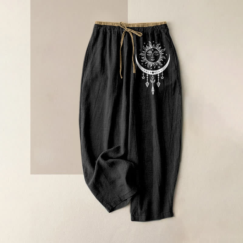 Buddha Stones Pantalones de mujer de algodón puro con estampado de sol y luna celestiales, cintura elástica y bolsillos. - Negro - US16，UK/AU20，EU48 (3XL) - image 5