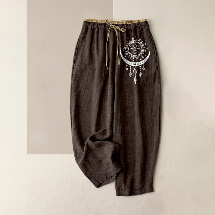 Buddha Stones Pantalones de mujer de algodón puro con estampado de sol y luna celestiales, cintura elástica y bolsillos. - Marrón silla de montar - US16，UK/AU20，EU48 (3XL) - image 4