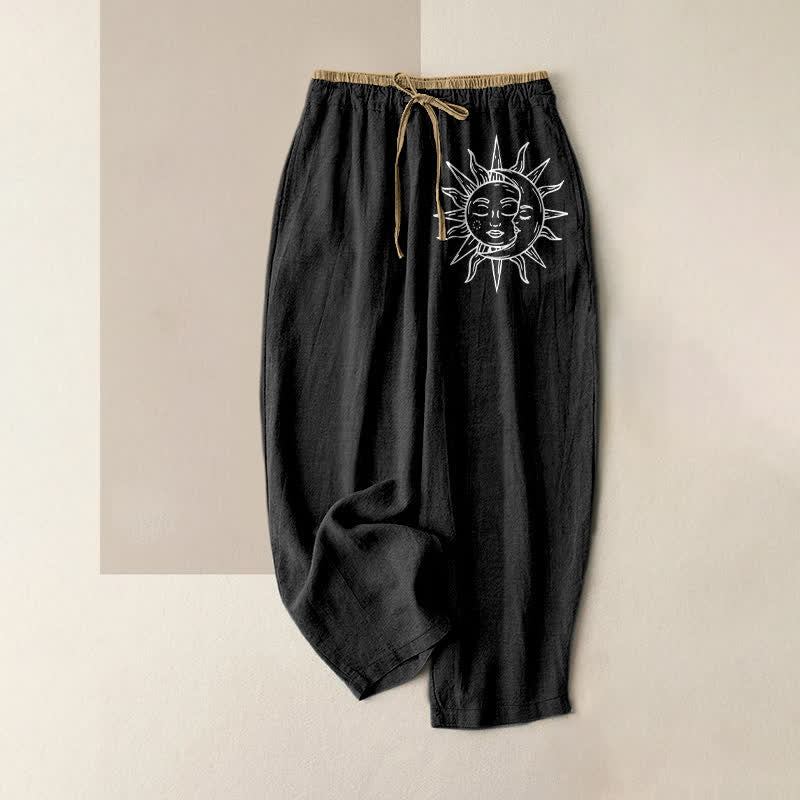 Buddha Stones Pantalones de mujer de algodón puro con estampado de sol celestial, cintura elástica y bolsillos. - Negro - US16，UK/AU20，EU48 (3XL) - image 0