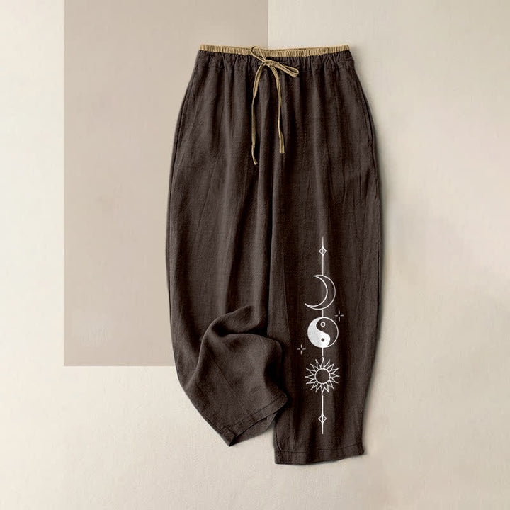 Buddha Stones Pantalones de mujer de algodón puro con estampado celestial Yin Yang y cintura elástica con bolsillos. - Marrón silla de montar - US16，UK/AU20，EU48 (3XL) - image 4