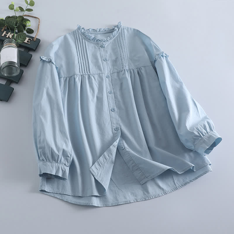 Buddha Stones Camisa de manga larga plisada de manga larga para mujer, estilo vintage informal de primavera. - Azul claro - US8-10, UK/AU12-14, EU40-42 (2XL) - image 0