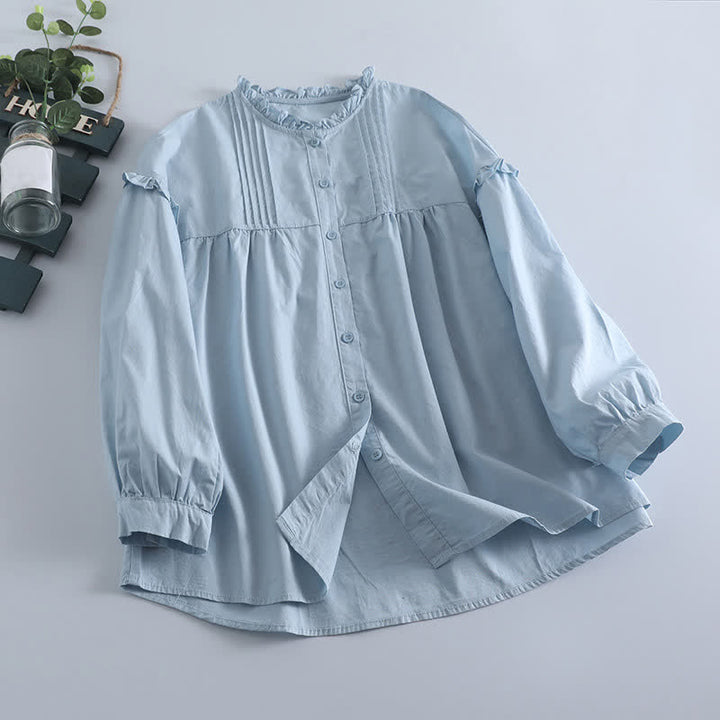 Buddha Stones Camisa de manga larga plisada de manga larga para mujer, estilo vintage informal de primavera. - Azul claro - US8-10, UK/AU12-14, EU40-42 (2XL) - image 0