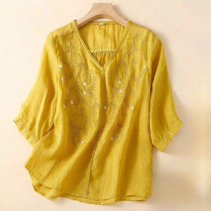 Camiseta de mujer de manga corta con cuello en V y estampado de ramas florales bordadas, estilo casual veraniego con Buddha Stones. - Oro - US8-10，UK/AU12-14，EU40-42 (2XL) - image 0