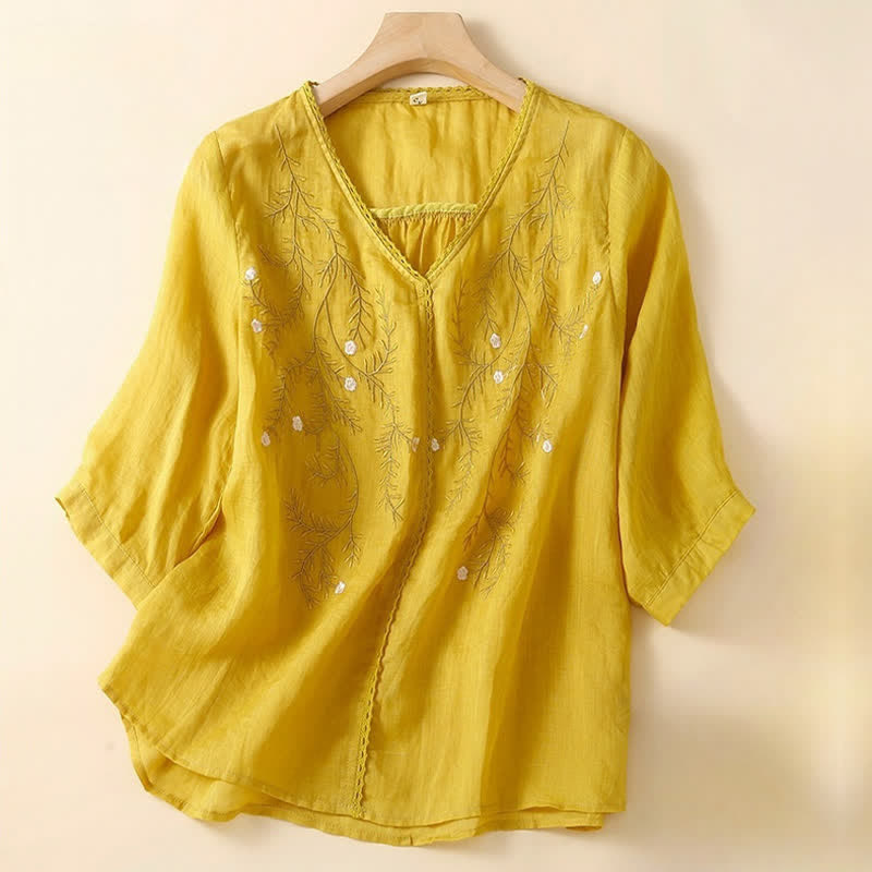 Camiseta de mujer de manga corta con cuello en V y estampado de ramas florales bordadas, estilo casual veraniego con Buddha Stones. - Oro - US8-10，UK/AU12-14，EU40-42 (2XL) - image 0