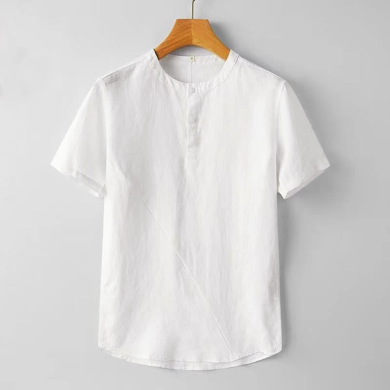 Camisa de hombre de poliéster y lino, color liso, manga corta, dos botones superiores, con estampado de Buddha Stones. - Blanco - US/UK/AU44, EU54 (4XL) - image 1