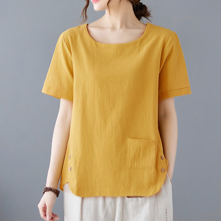 Camiseta de manga corta con cuello redondo y diseño de Buddha Stones para mujer, de algodón y poliéster, con abertura lateral y bolsillo. - Amarillo - US14, UK/AU18, EU46 (4XL) - image 0