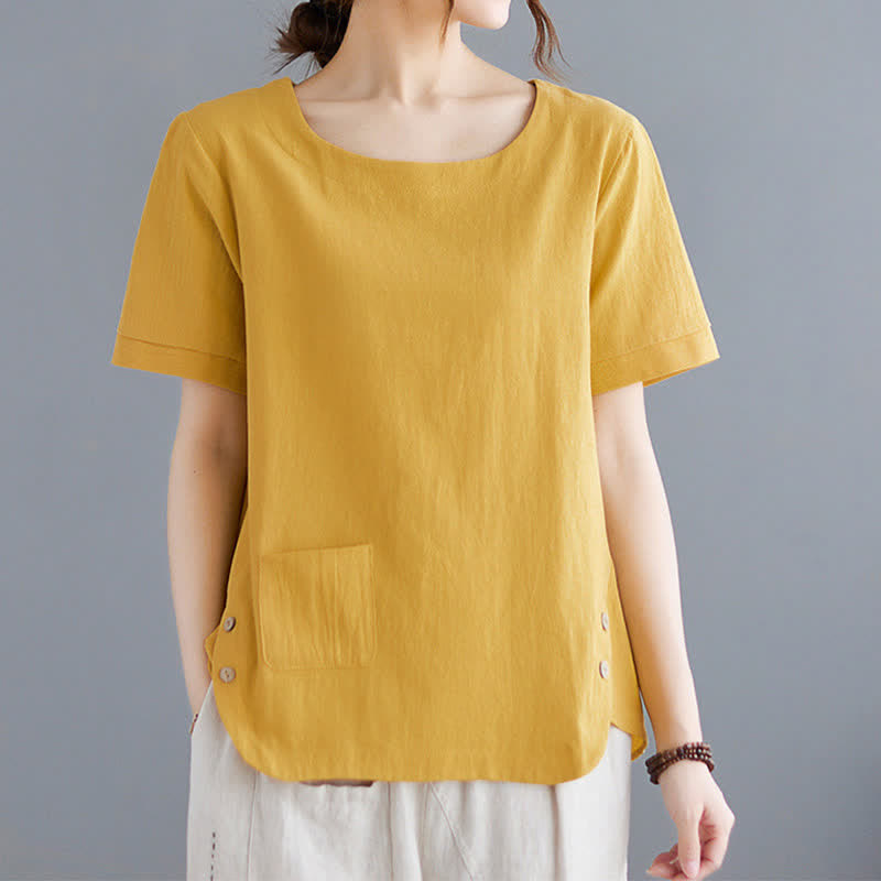 Camiseta de manga corta con cuello redondo y diseño de Buddha Stones para mujer, de algodón y poliéster, con abertura lateral y bolsillo. - image 1