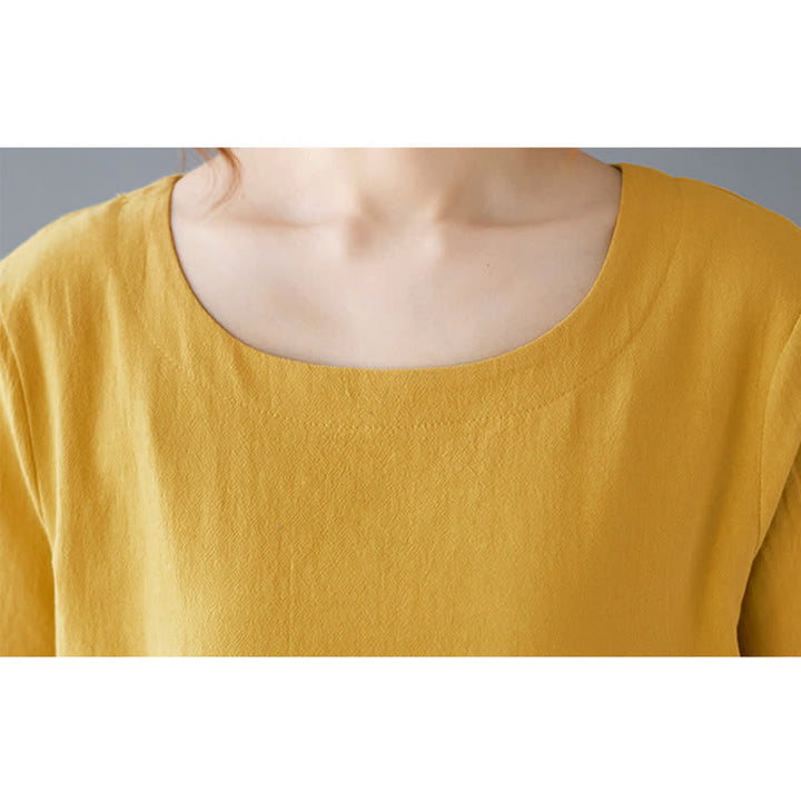 Camiseta de manga corta con cuello redondo y diseño de Buddha Stones para mujer, de algodón y poliéster, con abertura lateral y bolsillo. - image 8
