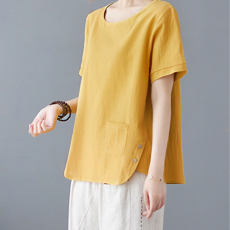 Camiseta de manga corta con cuello redondo y diseño de Buddha Stones para mujer, de algodón y poliéster, con abertura lateral y bolsillo. - image 2