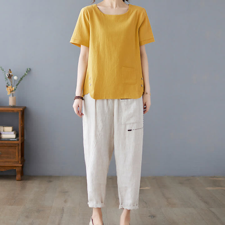 Camiseta de manga corta con cuello redondo y diseño de Buddha Stones para mujer, de algodón y poliéster, con abertura lateral y bolsillo. - image 6