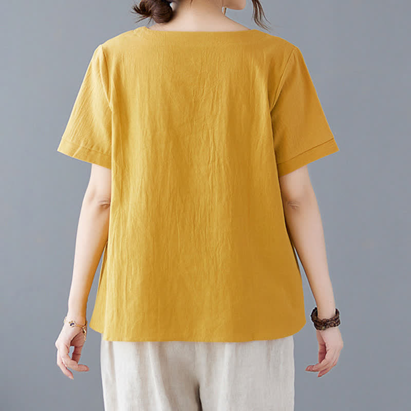 Camiseta de manga corta con cuello redondo y diseño de Buddha Stones para mujer, de algodón y poliéster, con abertura lateral y bolsillo. - image 3