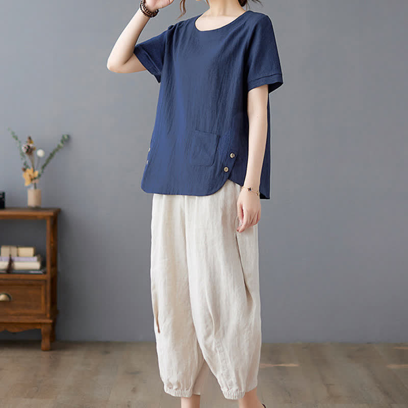 Camiseta de manga corta con cuello redondo y diseño de Buddha Stones para mujer, de algodón y poliéster, con abertura lateral y bolsillo. - image 24