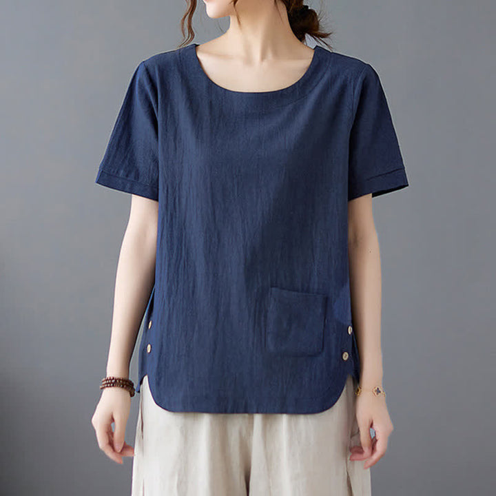 Camiseta de manga corta con cuello redondo y diseño de Buddha Stones para mujer, de algodón y poliéster, con abertura lateral y bolsillo. - image 21