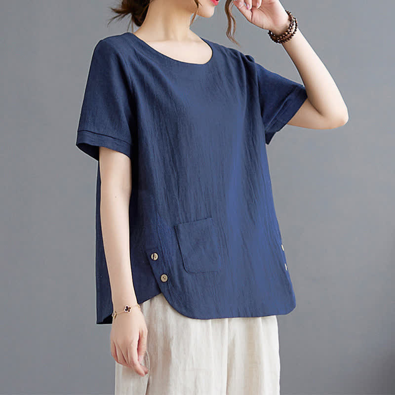 Camiseta de manga corta con cuello redondo y diseño de Buddha Stones para mujer, de algodón y poliéster, con abertura lateral y bolsillo. - image 19