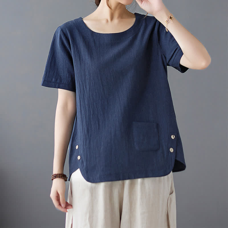 Camiseta de manga corta con cuello redondo y diseño de Buddha Stones para mujer, de algodón y poliéster, con abertura lateral y bolsillo. - Marina de guerra - US14, UK/AU18, EU46 (4XL) - image 18
