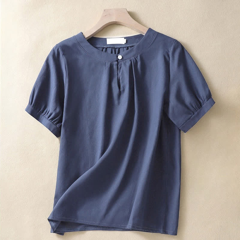 Camisa de lino de manga corta con cuello redondo y botones, estilo casual para mujer, con estampado de Buddha Stones. - Marina de guerra - US8-10，UK/AU12-14，EU40-42 (2XL) - image 6