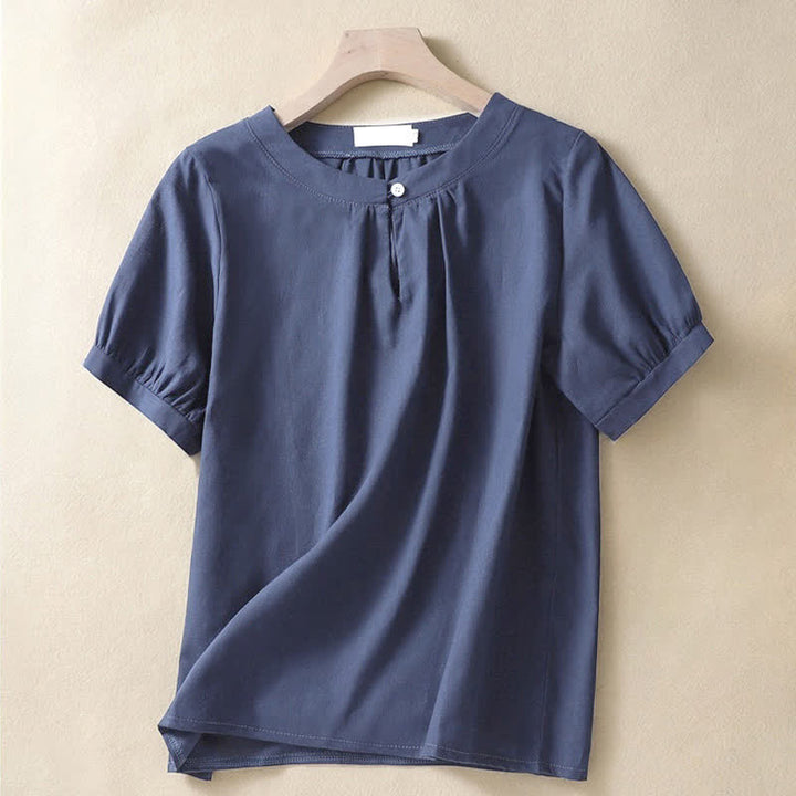 Camisa de lino de manga corta con cuello redondo y botones, estilo casual para mujer, con estampado de Buddha Stones. - Marina de guerra - US8-10，UK/AU12-14，EU40-42 (2XL) - image 6