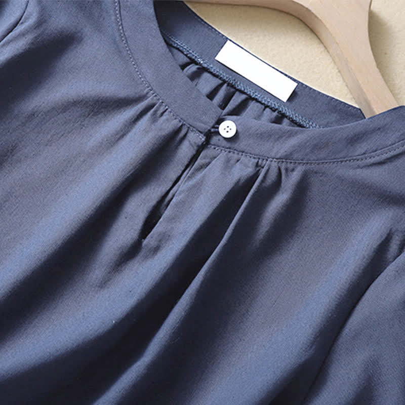 Camisa de lino de manga corta con cuello redondo y botones, estilo casual para mujer, con estampado de Buddha Stones. - image 9