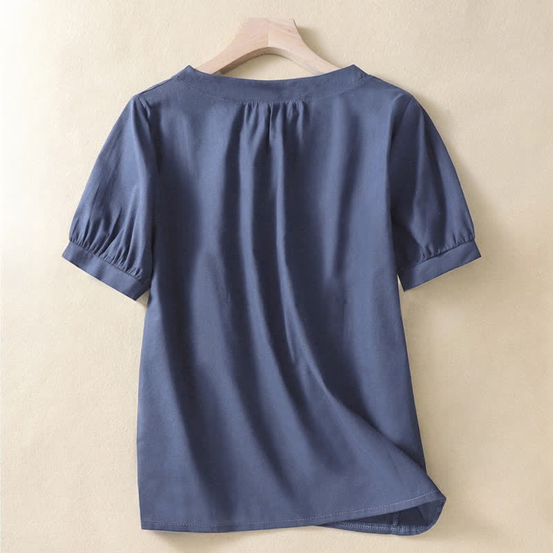 Camisa de lino de manga corta con cuello redondo y botones, estilo casual para mujer, con estampado de Buddha Stones. - image 7