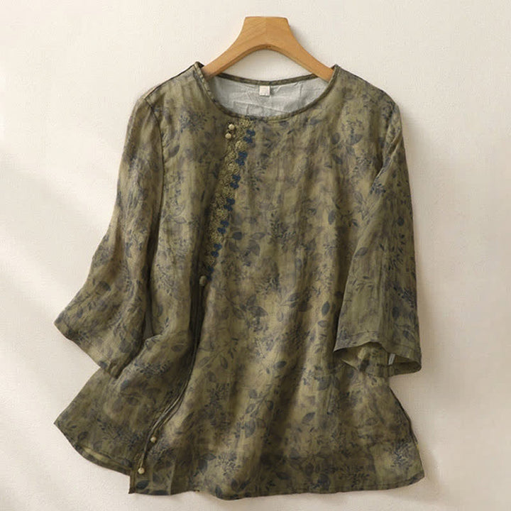 Camisa de manga tres cuartos para mujer con diseño de bordado de Buddha Stones - Verde oliva - US12, UK/AU16, EU44 (2XL) - image 14