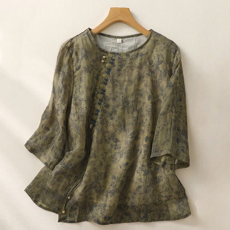 Camisa de lino y algodón para mujer, manga tres cuartos, con diseño bordado de Buddha Stones - Verde oliva - US12, UK/AU16, EU44 (2XL) - image 14