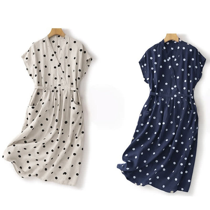 Vestido midi de mujer con estampado de Buddha Stones, lunares, escote en V, cordones y bolsillos. - image 19