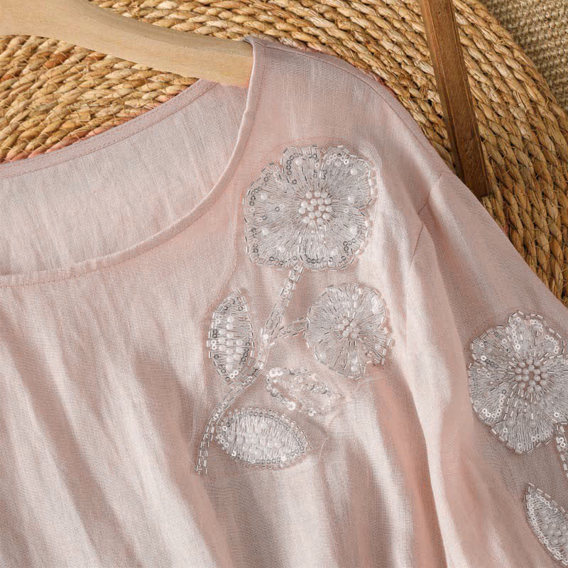 Buddha Stones Camiseta de manga larga para mujer, estilo casual de verano, elegante, con bordado floral blanco y cuello redondo. - image 2