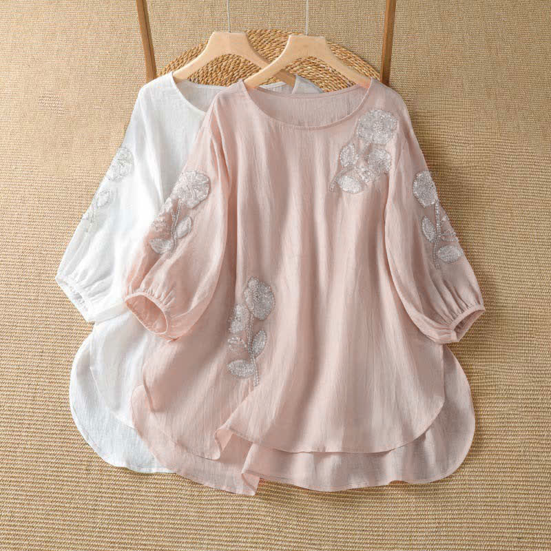 Buddha Stones Camiseta de manga larga para mujer, estilo casual de verano, elegante, con bordado floral blanco y cuello redondo. - image 8