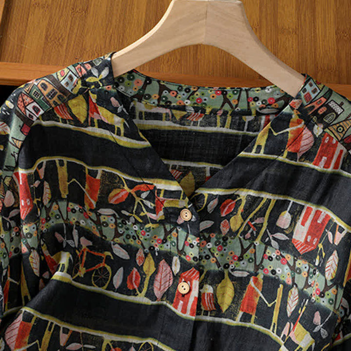 Camisa de mujer de poliéster con cuello en V y diseño de botones, estampada con Buddha Stones y plantas. - image 11