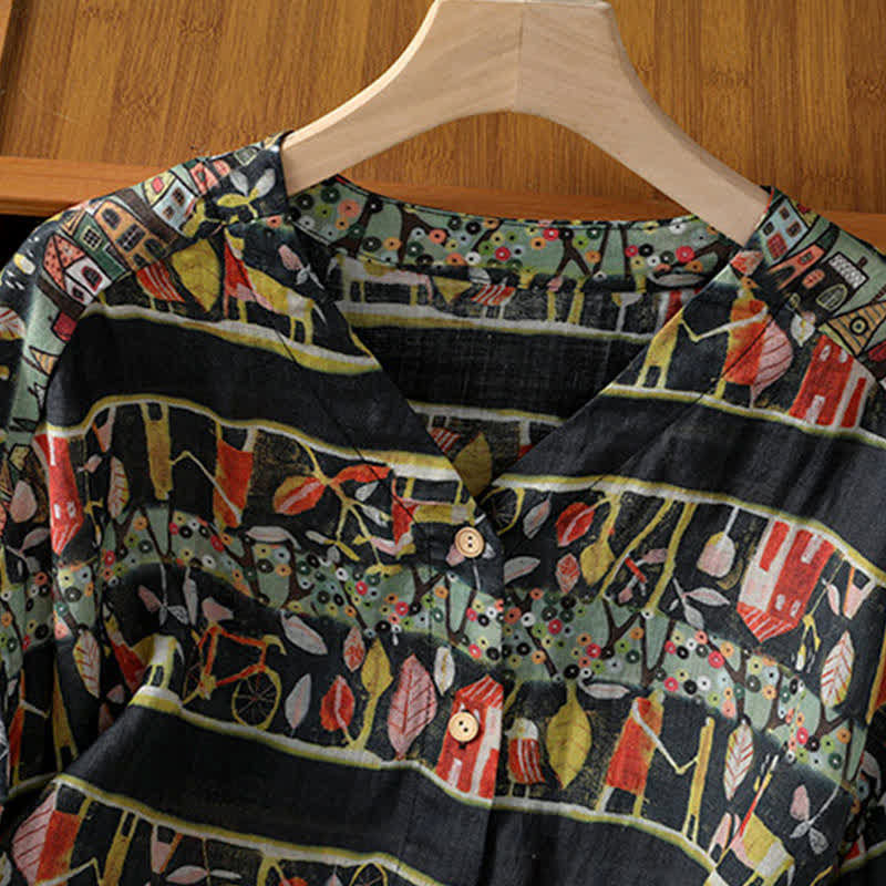 Camisa de mujer de poliéster con cuello en V y diseño de botones, estampada con Buddha Stones y plantas. - image 11