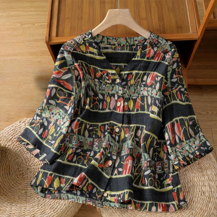 Camisa de mujer de poliéster con cuello en V y diseño de botones, estampada con Buddha Stones y plantas. - Negro - US14，UK/AU18，EU46 (2XL) - image 9