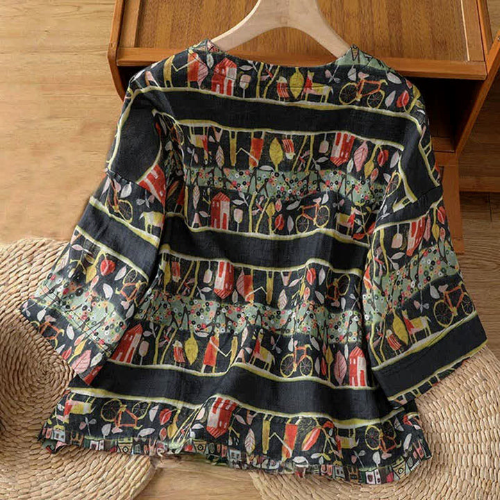 Camisa de mujer de poliéster con cuello en V y diseño de botones, estampada con Buddha Stones y plantas. - image 10