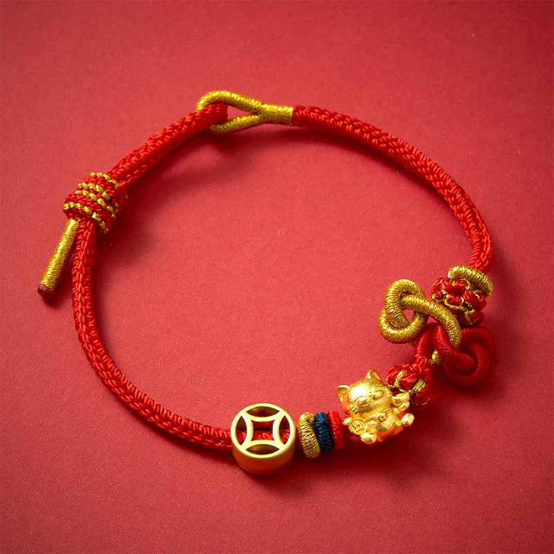 Buddha Stones Pulsera trenzada de protección con hilo rojo y diseño de gato dorado de la suerte - image 4