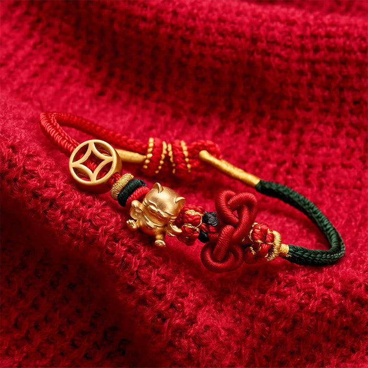 Buddha Stones Pulsera trenzada de protección con hilo rojo y diseño de gato dorado de la suerte - image 12