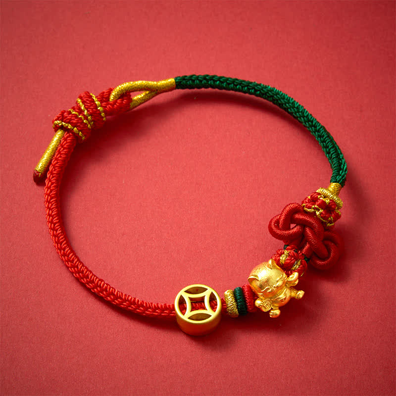 Buddha Stones Pulsera trenzada de protección con hilo rojo y diseño de gato dorado de la suerte - image 11
