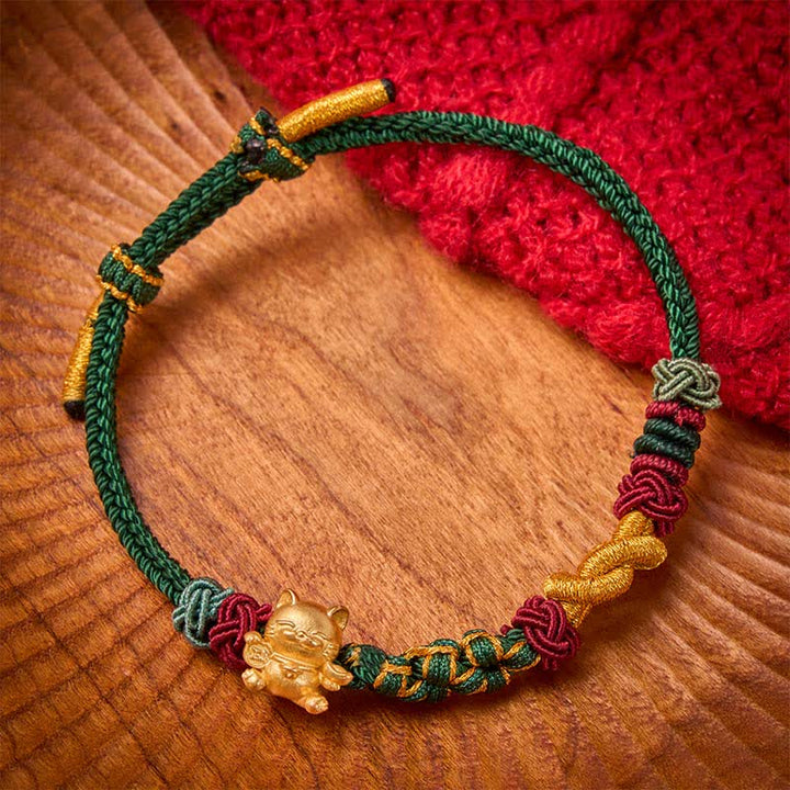 Buddha Stones Pulsera de protección con hilo rojo tejido a mano y diseño de gato de la suerte. - Cuerda verde - image 0