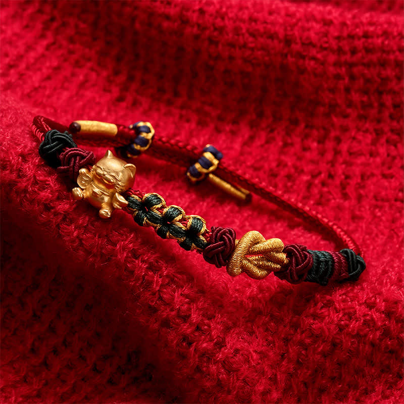 Buddha Stones Pulsera de protección con hilo rojo tejido a mano y diseño de gato de la suerte. - image 9