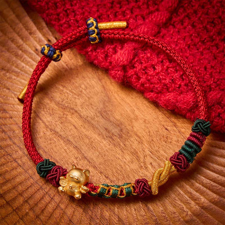 Buddha Stones Pulsera de protección con hilo rojo tejido a mano y diseño de gato de la suerte. - Cuerda roja - image 4