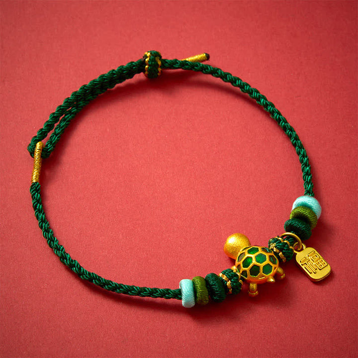 Buddha Stones Pulsera de resistencia tejida a mano con hilo rojo y diseño de tortuga Fu. - Cuerda verde - image 0